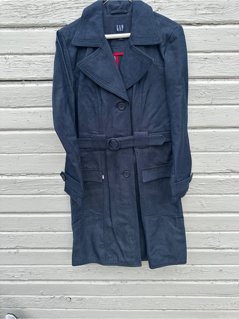 GAP Denim Navy Blue Trench Coat with Belt and Red Accents